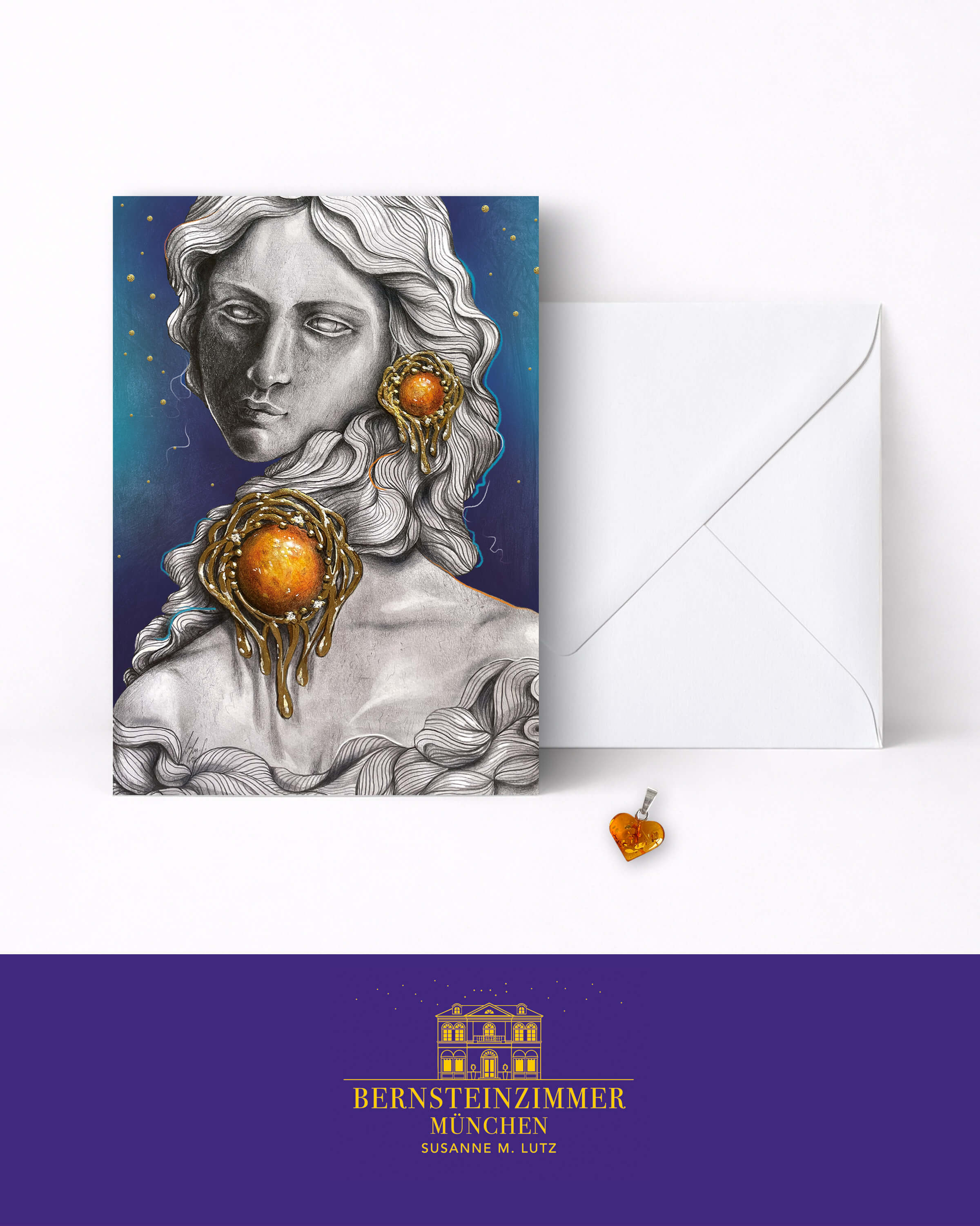 A02P Elise mit Bernsteinschmuck Grußkarte mit Anhänger aus echtem baltischen Bernstein
