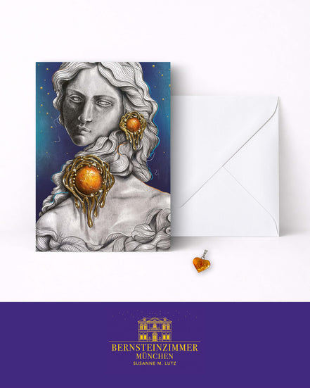 A02P Elise mit Bernsteinschmuck Grußkarte mit Anhänger aus echtem baltischen Bernstein