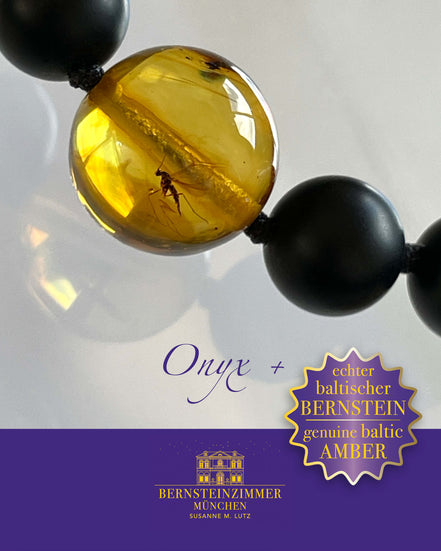 "Orion Nr. 1" Armband mit Bernstein-Inkluse & Onyx Gr. XXL · Unikat