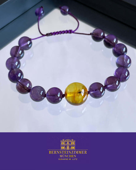 "Vesper Nr. 1" Armband mit Bernstein-Inkluse & Amethyst Gr. M · Unikat