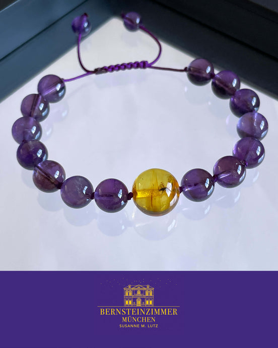 "Vesper Nr. 1" Armband mit Bernstein-Inkluse & Amethyst Gr. M · Unikat
