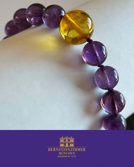 "Vesper Nr. 1" Armband mit Bernstein-Inkluse & Amethyst Gr. M · Unikat