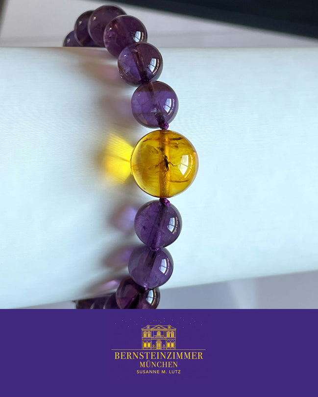 "Vesper Nr. 1" Armband mit Bernstein-Inkluse & Amethyst Gr. M · Unikat