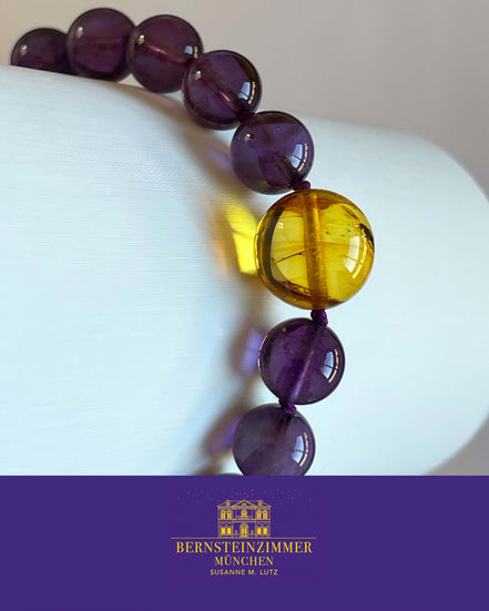 "Vesper Nr. 1" Armband mit Bernstein-Inkluse & Amethyst Gr. M · Unikat