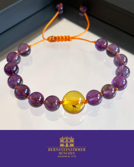 "Vesper Nr. 2" Armband mit Bernstein-Inkluse & Amethyst Gr. L · Unikat
