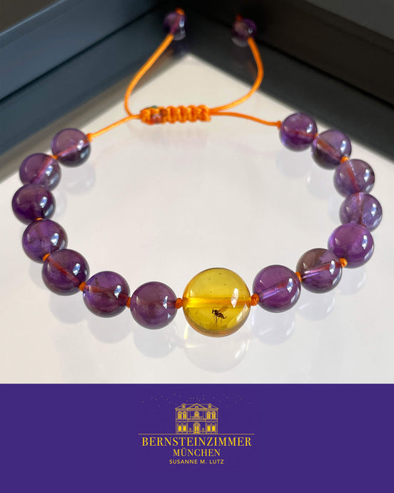 "Vesper Nr. 2" Armband mit Bernstein-Inkluse & Amethyst Gr. L · Unikat