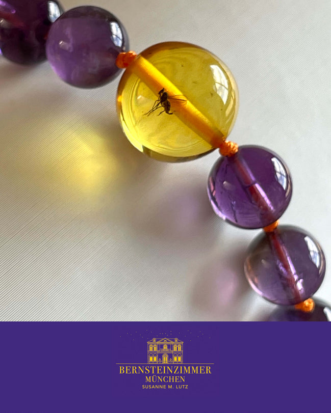 "Vesper Nr. 2" Armband mit Bernstein-Inkluse & Amethyst Gr. L · Unikat